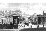 Athens. This reconstruction drawing is of the civic centre. Dominating the scene is the Acropolis, showing the columned gate-house, the statue of Athene and the roof of the Parthenon.